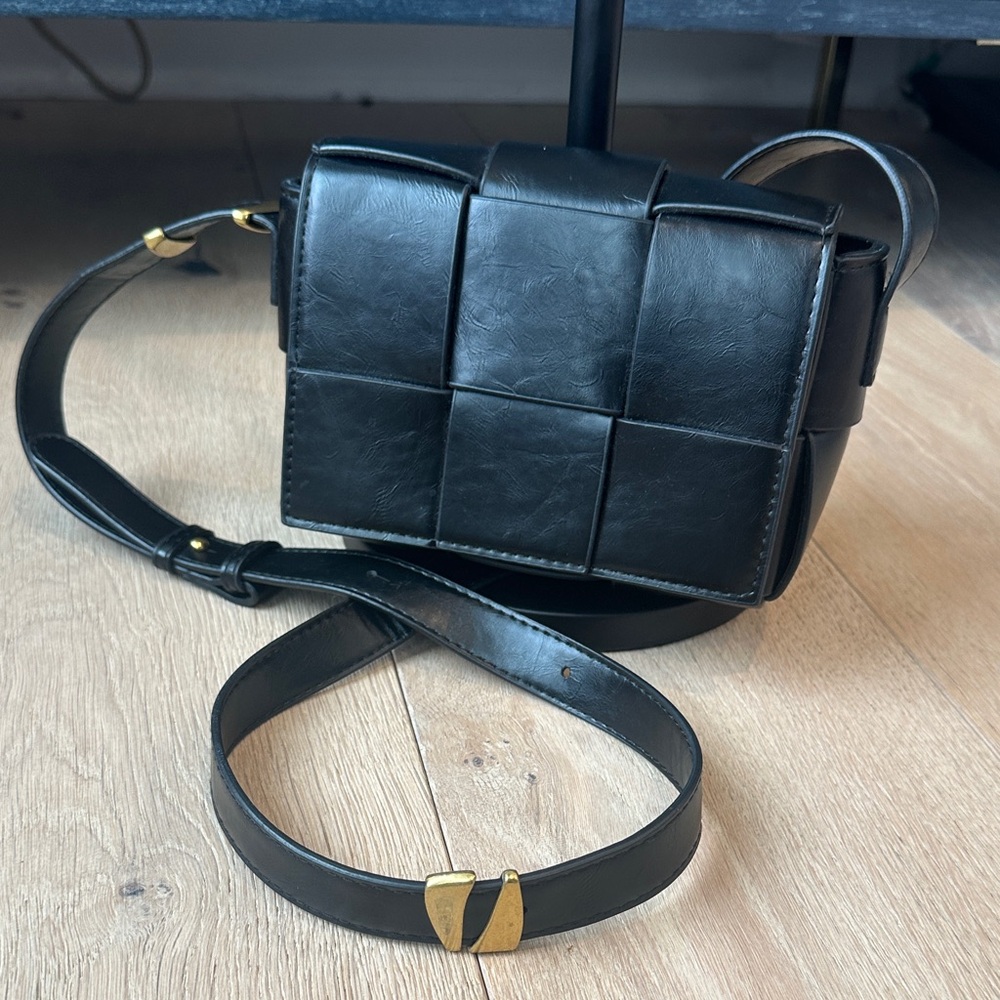 Black Woven Leather Crossbody Bag with Gold-Tone Hardware